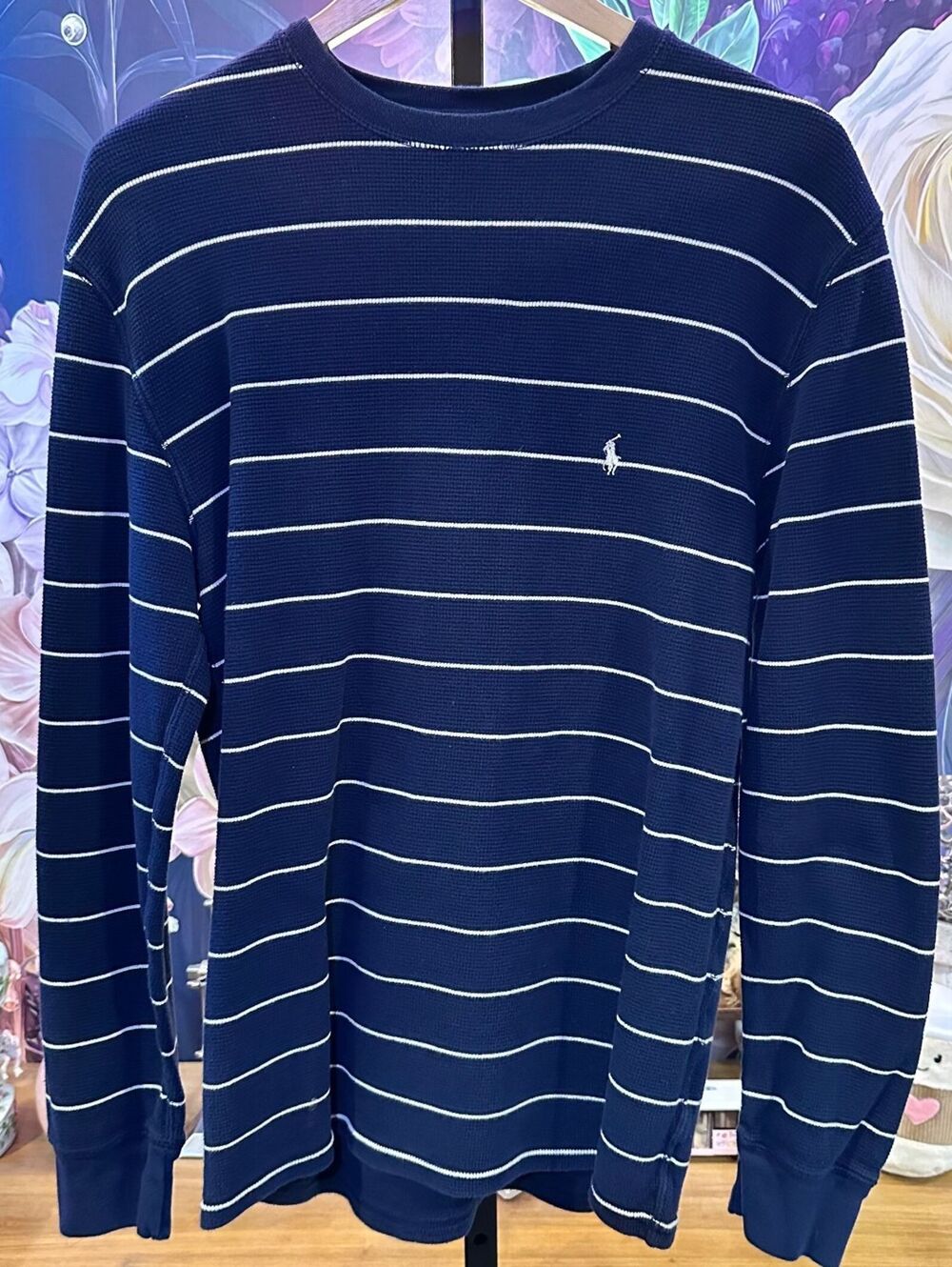 Polo Ralph Lauren XL Thermal Waffle Knit Striped Crewneck Shirt Navy White